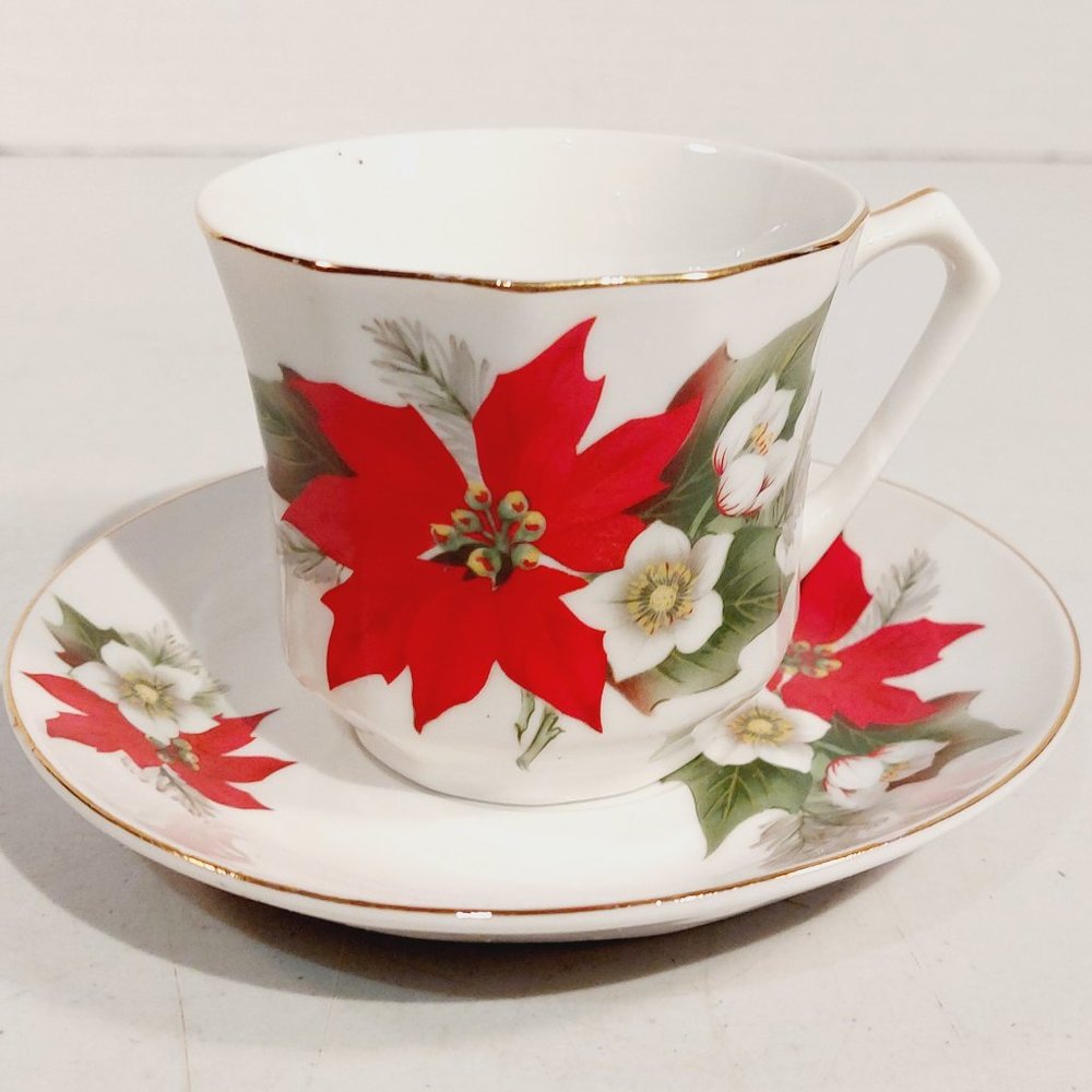 Vtg Fine China Poinsetta Cup and Saucer ~ Regent